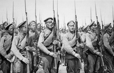 Russians cheering King George: Infantry of our gallant Allies honouring this country and its Ruler by Russian Photographer